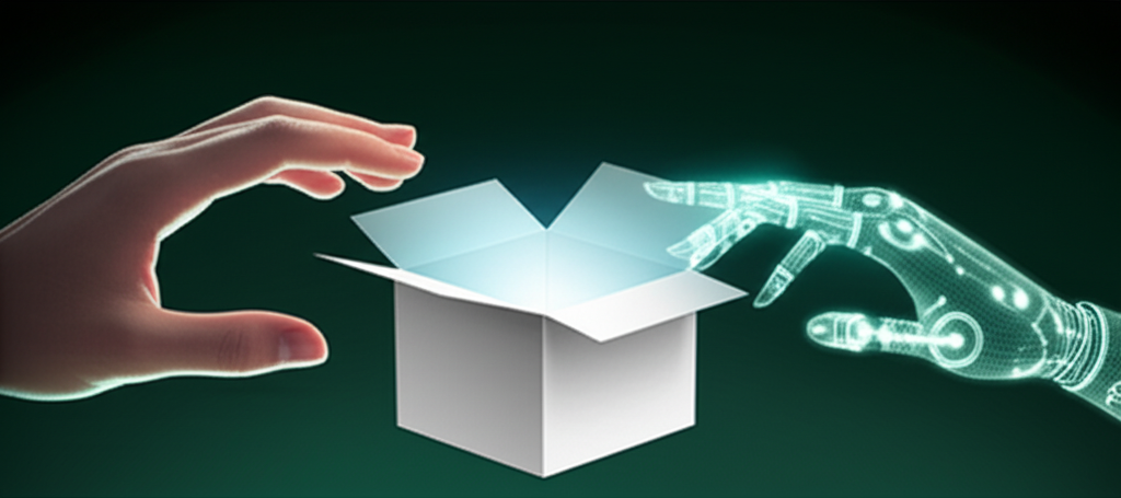 A human hand and an AI hand collaborating on a design.