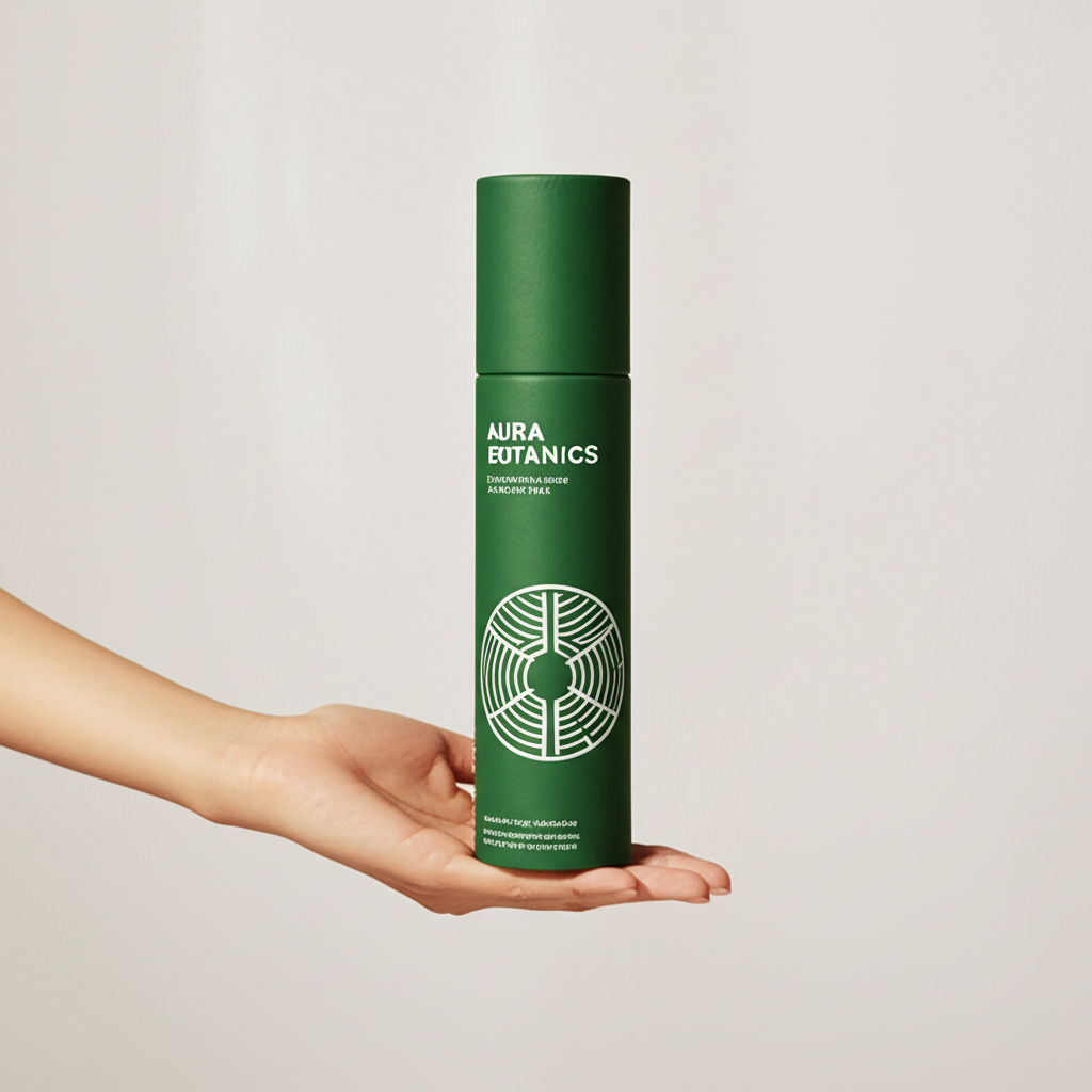 A beautiful, professional photo of the Aura Botanics serum in its final paper tube packaging, held in a hand against a clean, natural background.