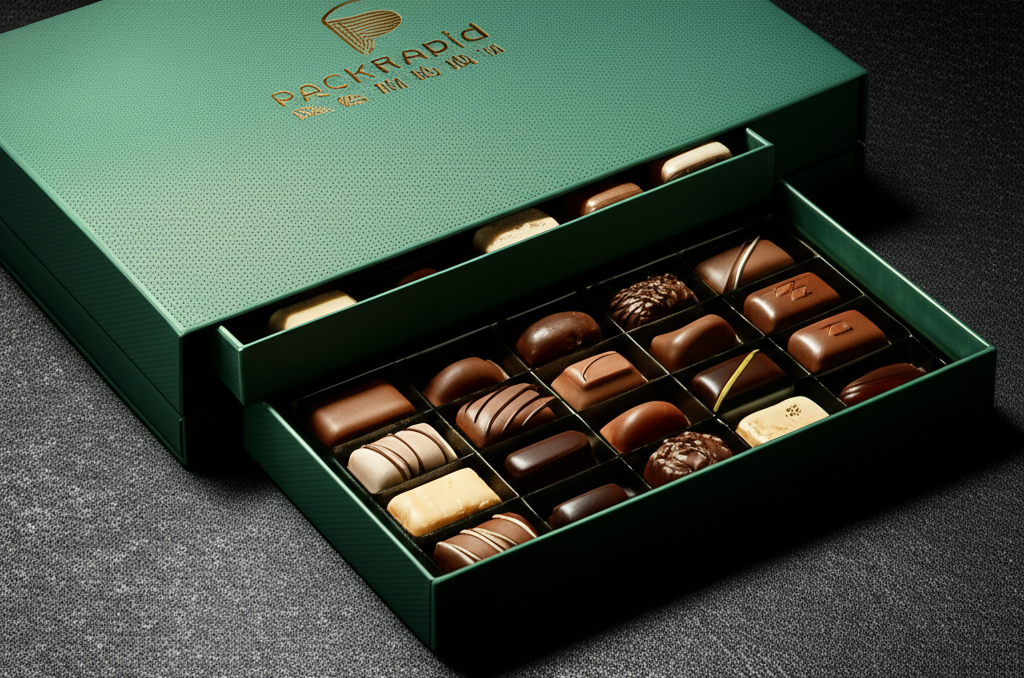 A stack of two drawer boxes for luxury chocolates.