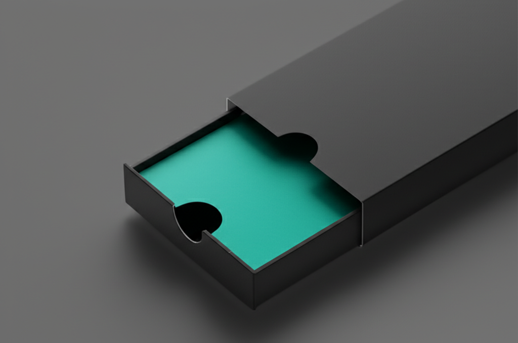 A modern drawer box with a thumb notch for a tech accessory.