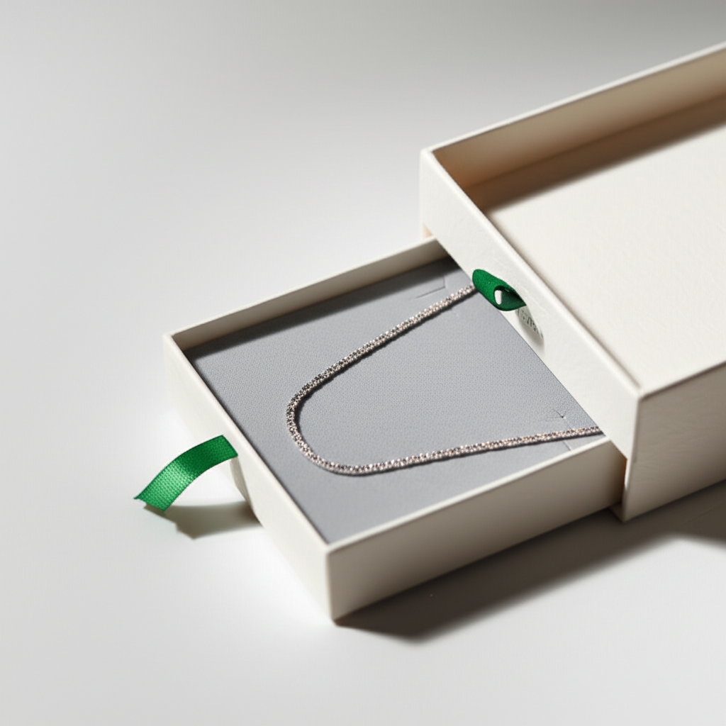An elegant drawer box for jewelry with a ribbon pull.