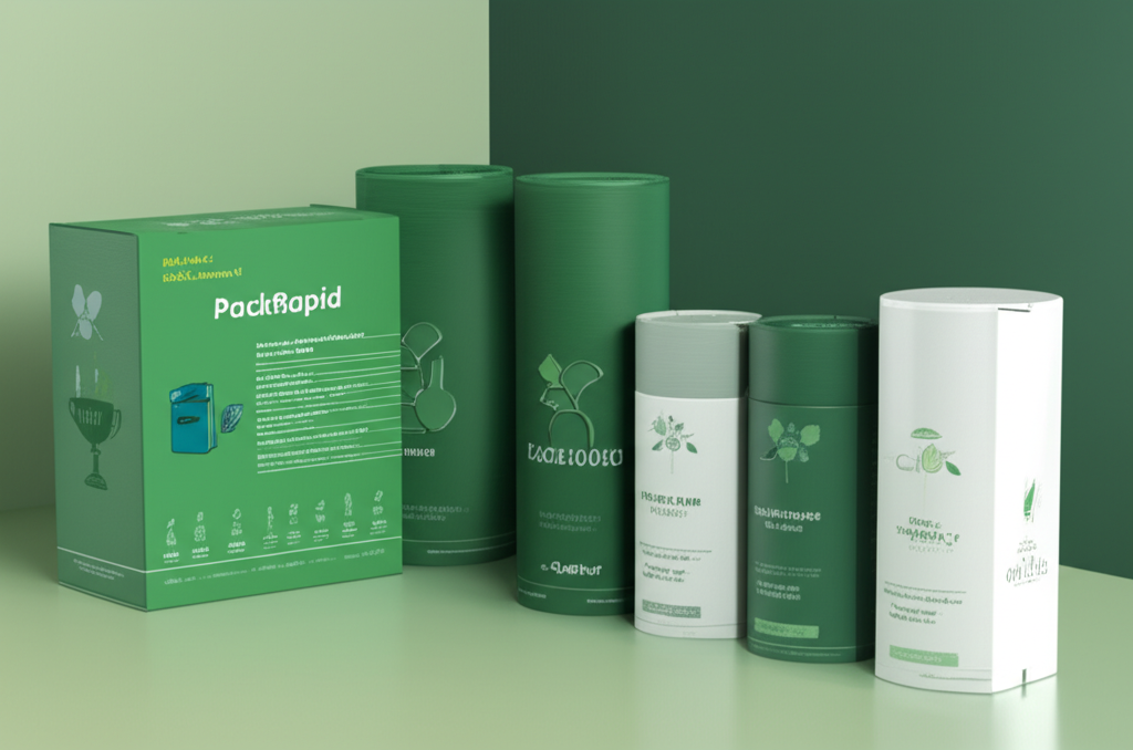 A tuck-end 'airplane style' box for a small electronic gadget. The design is sleek and technical, using the brand's deep green (#044343) and silver foil accents. The box is shown with the product next to it.