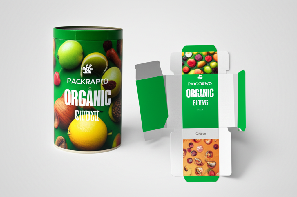 Colorful folding cartons for snack bars, shown flat and assembled.