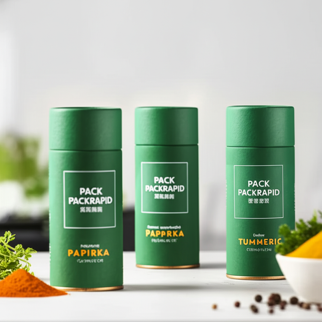 Three small, colorful paper canisters for spices.