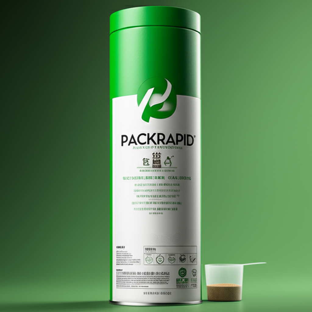 A modern paper canister for protein powder.