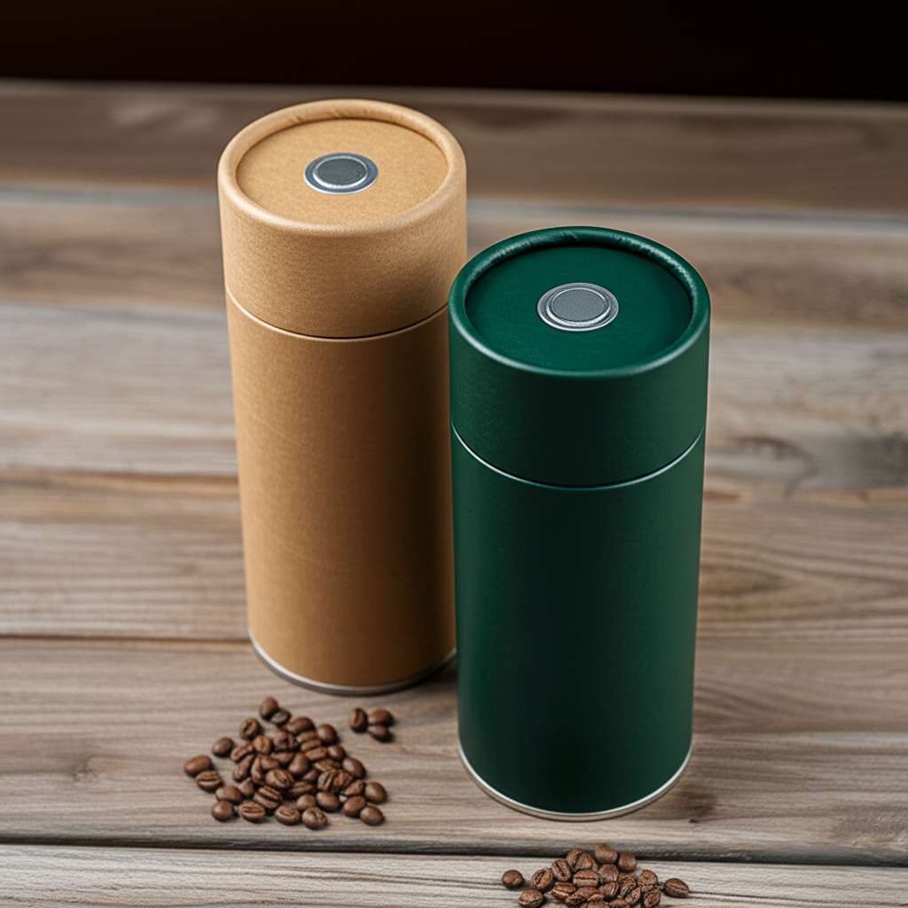 Two food-grade paper canisters for coffee and tea.