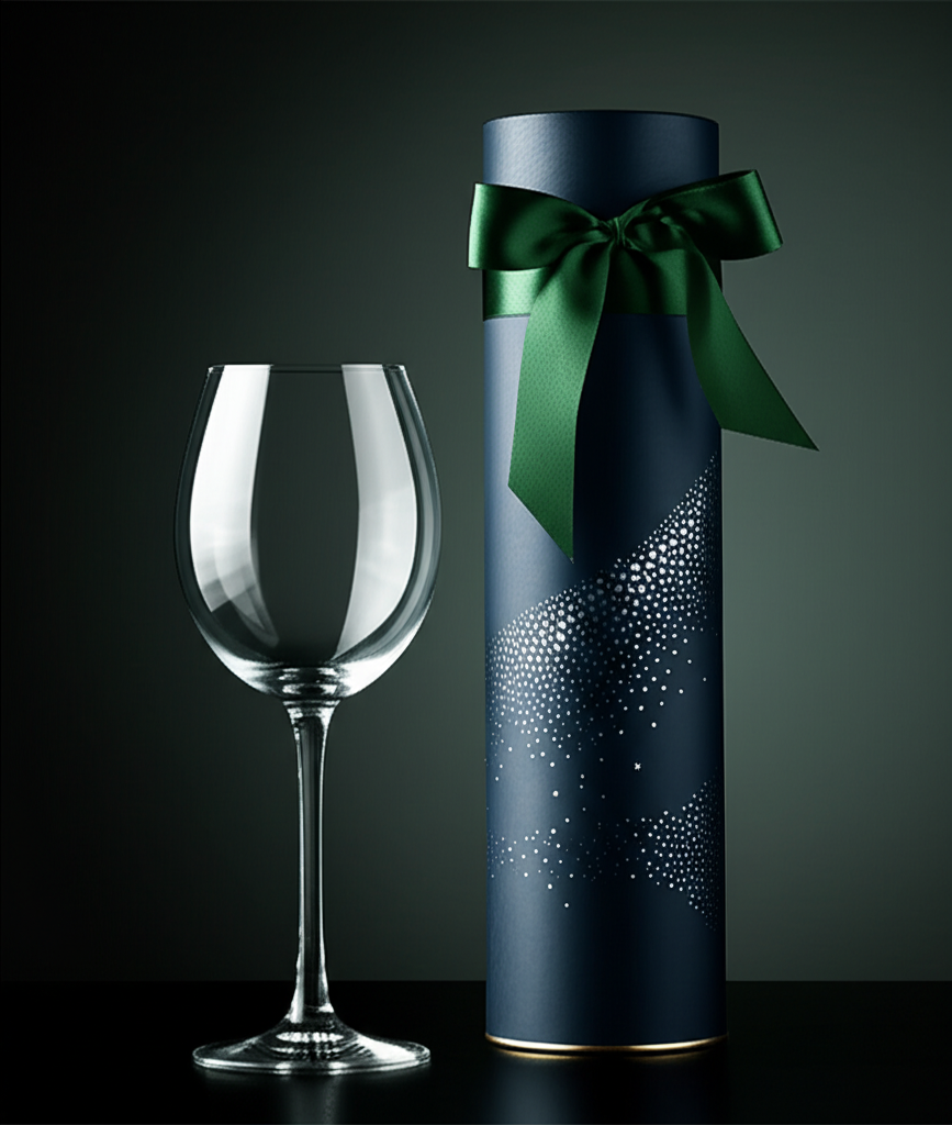 A luxury paper tube for a wine bottle with a silk ribbon.