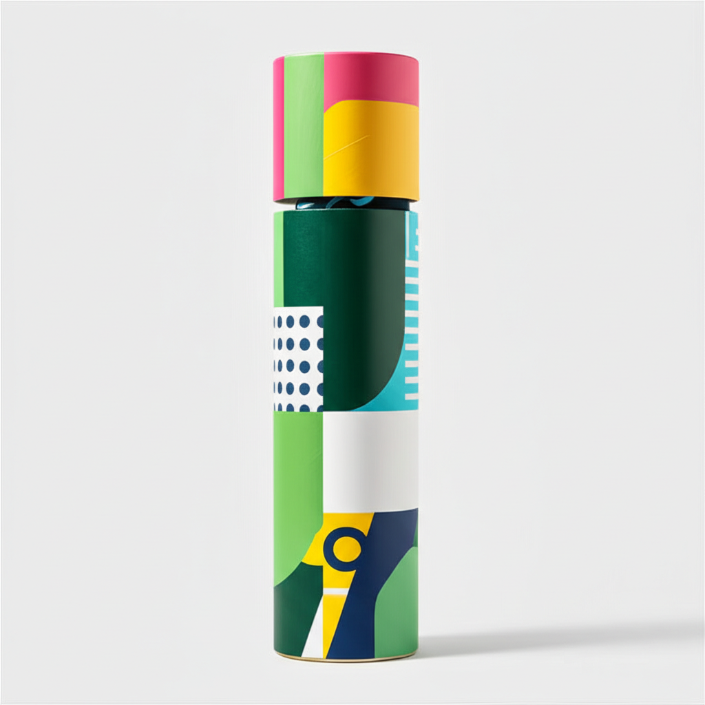 A colorful paper tube for apparel, showing the fabric inside.