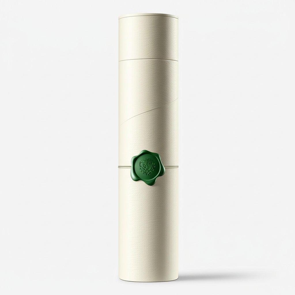 A paper tube designed for a diploma or art print with an embossed seal.