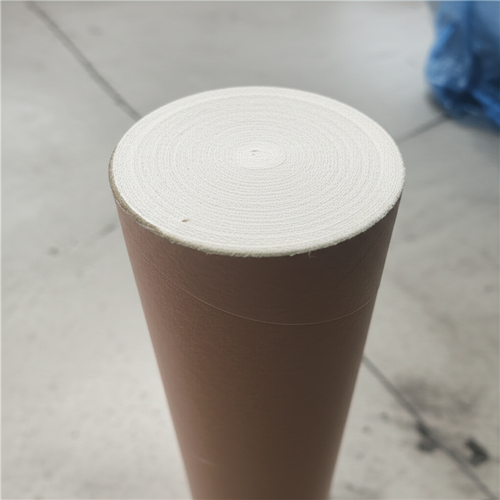 A close-up of a thick-walled paper core with fabric.