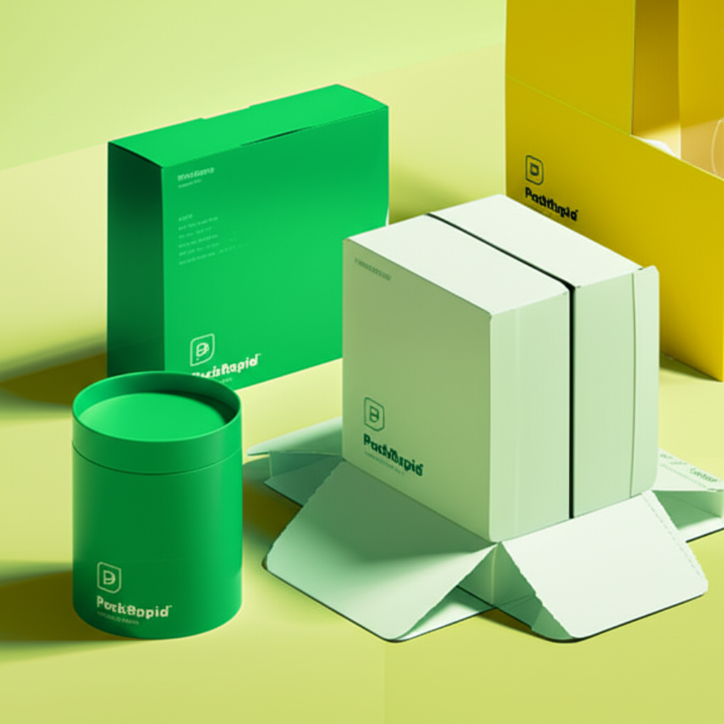 A bright, cheerful scene with several colorful folding cartons for retail products. One box is assembled while another lies flat, showing the die-cut pattern.
