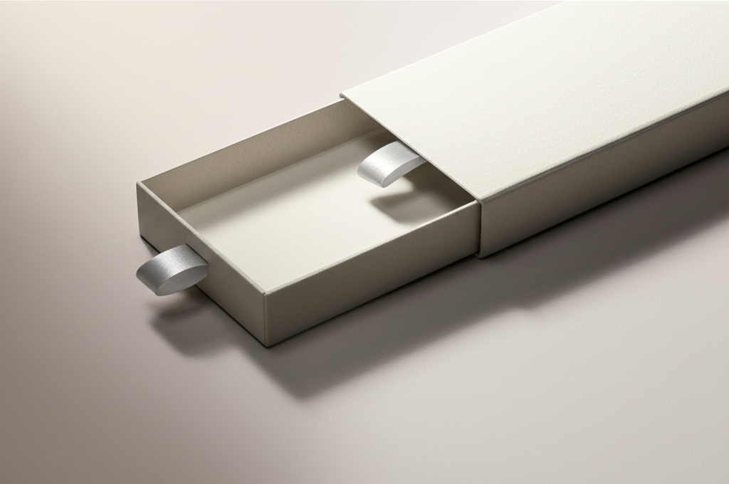 An elegant drawer box made from textured off-white paper with a satin ribbon pull-tab. The drawer is pulled out halfway, revealing the product inside. Soft, romantic lighting.