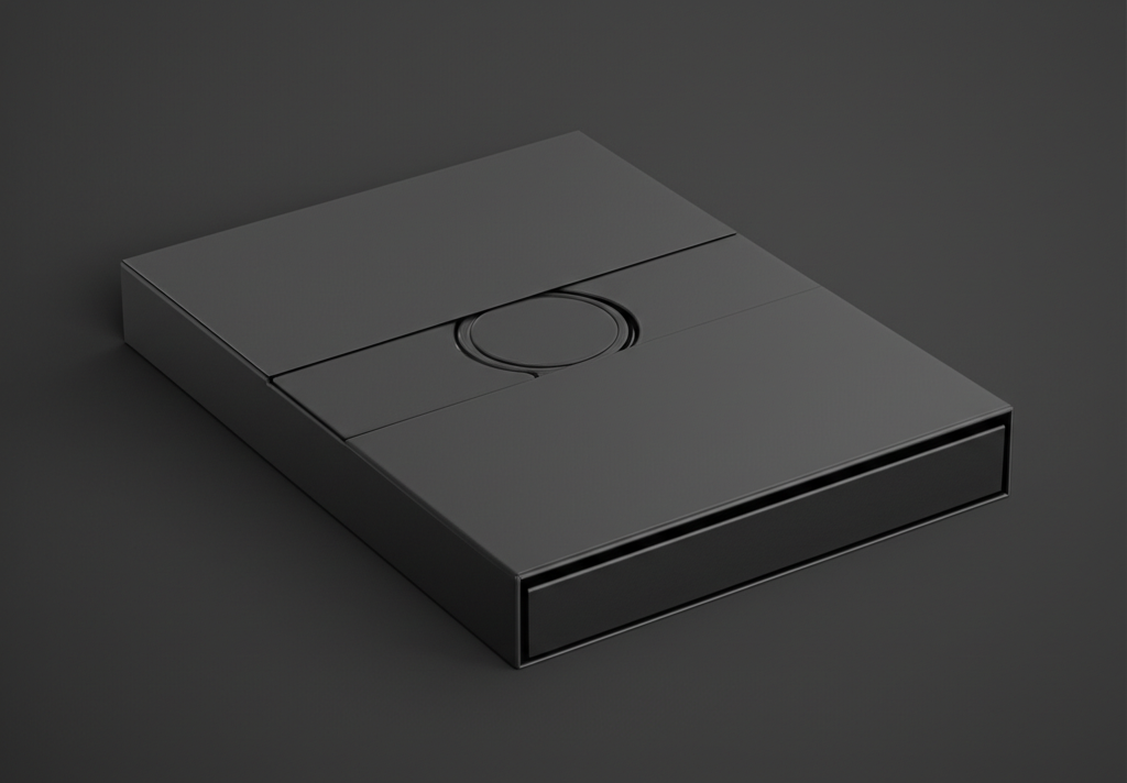 A sleek, matte black magnetic box in the process of closing. The flap is about to connect, implying the magnetic 'snap'. High-end, modern, and desirable.