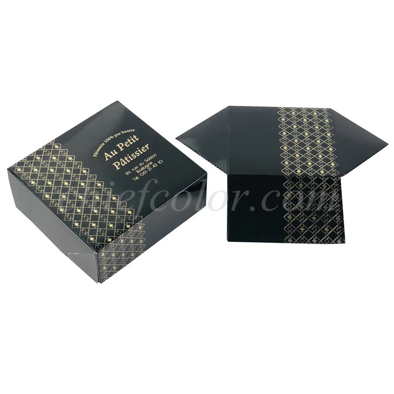 Custom Black Pastry Box Gold Hotfoil Print Bakery Packaging