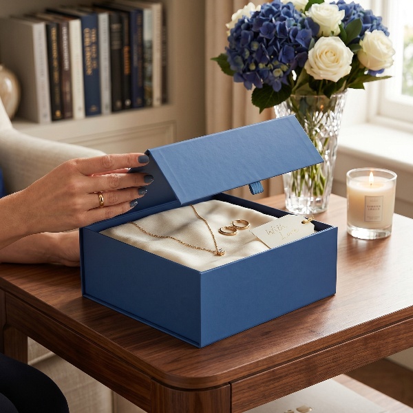 Custom Blue Rigid Cardboard Gift Box with Magnetic Flip Closure